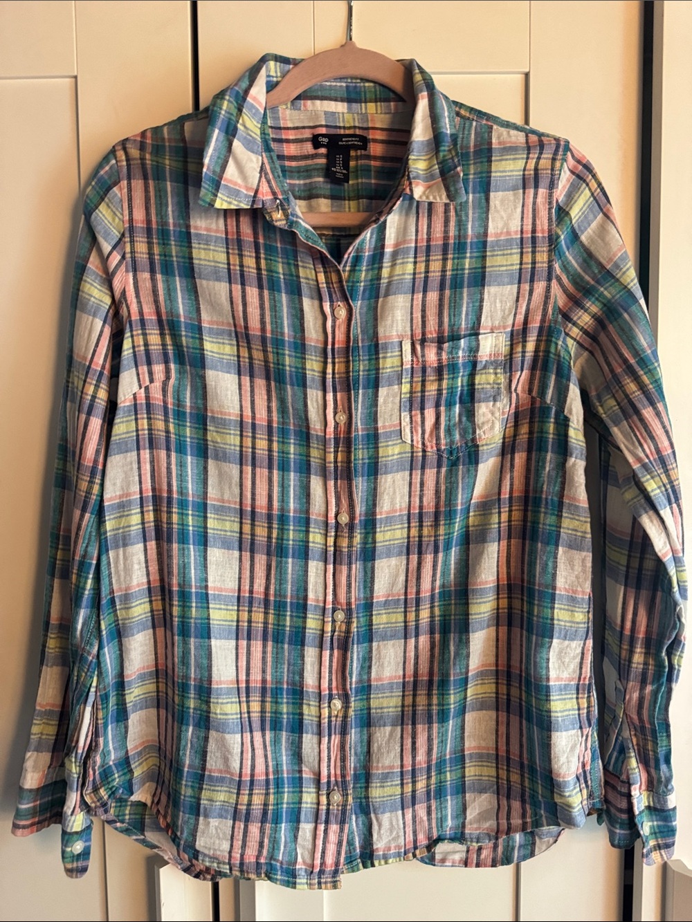 GAP Linen “Boyfriend Fit” Plaid Button-Down Shirt in Blue, Pink, Yellow
